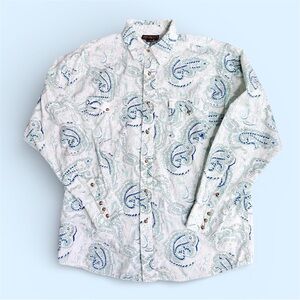 ARIAT Western Tigers Eye Snap Button Shirt Men’s LARGE Paisley Long Sleeve White
